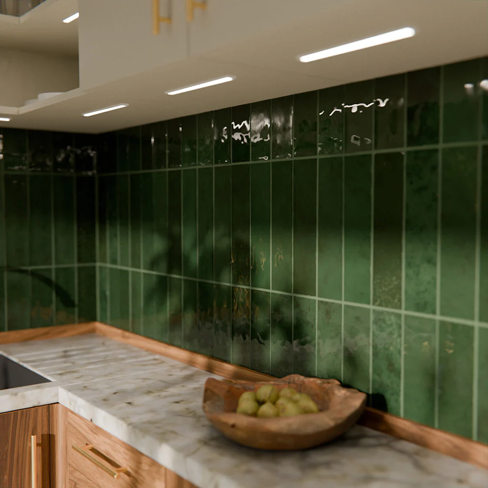 Nairobi Tile | Gloss Moss Green | Handmade Effect | Rustic Tile | 7.5cm x 30cm - Image 3