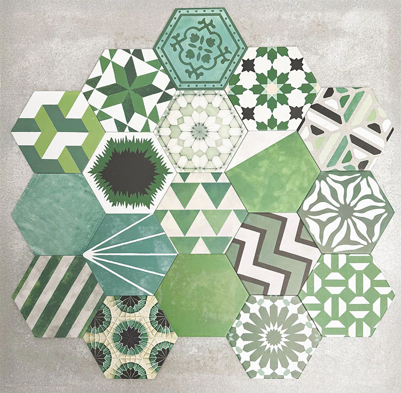 FULL TILE SAMPLE | Fayrouz Verde Hexagon Patchwork | 18.7cm x 21.6cm