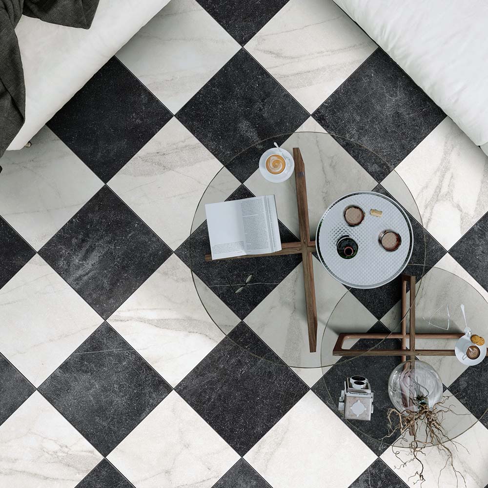 Vitoria Antique Black Marble Style Chequerboard Tiles | 30cm x 30cm