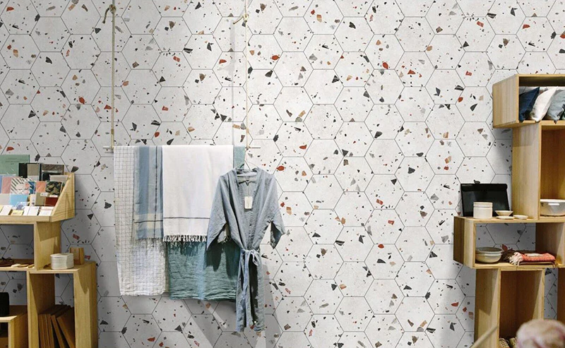 Jericho White Terrazzo Hexagon Wall & Floor Tiles 25cm x 22cm - Image 2